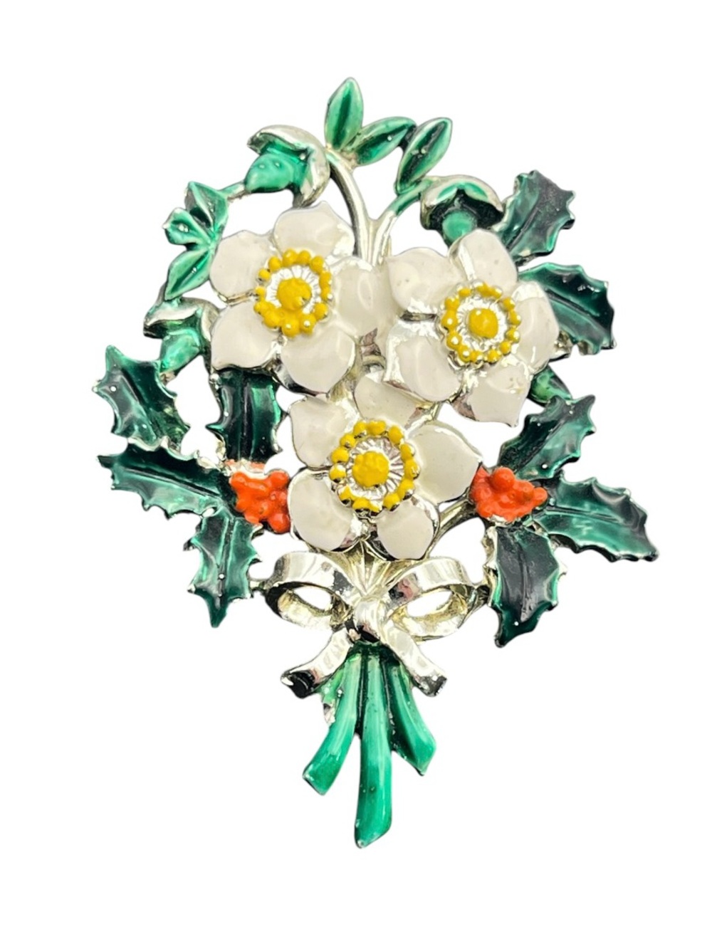 Exquisite brand Christmas flower holly enamel gold tone red green brooch pin